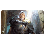 Playmat: MtG: Rare White 3 - Playmat featuring fantasy artwork of a silver-haired man in dark armor holding a glowing staff, set in a stone corridor with