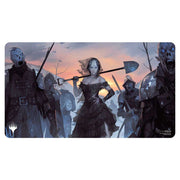 Playmat: MtG: Rare Black - Black-themed gaming playmat featuring a dark fantasy scene with a central female warrior holding a weapon, surrounded by.