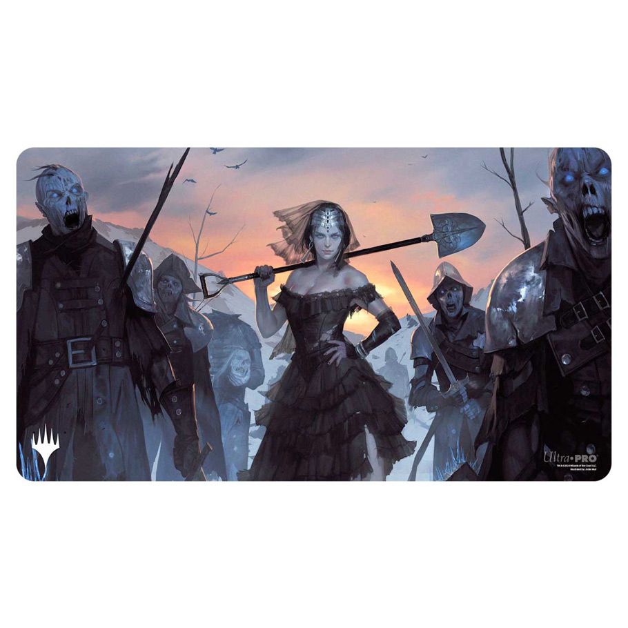Playmat: MtG: Rare Black - Black-themed gaming playmat featuring a dark fantasy scene with a central female warrior holding a weapon, surrounded by.