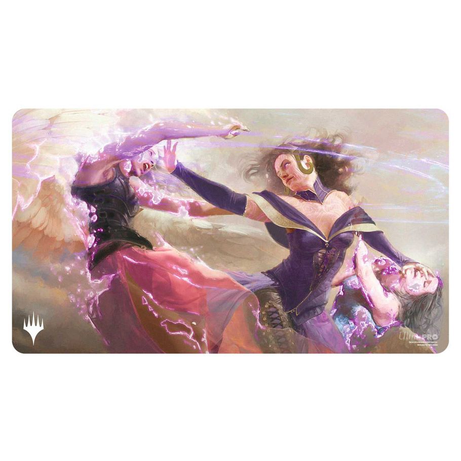 Playmat: MtG: Uncommon Black 1 - Rectangular playmat with fantasy artwork of two women in flowing dresses casting magical energy, soft pastel colors, smooth.
