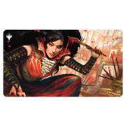 Playmat: MtG: Uncommon Black 2 - Black-themed gaming playmat featuring a dynamic female warrior in red and black armor wielding a staff.