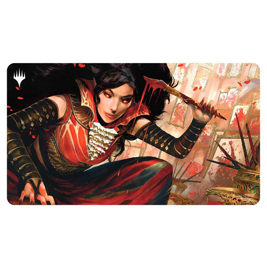 Playmat: MtG: Uncommon Black 2 - Black-themed gaming playmat featuring a dynamic female warrior in red and black armor wielding a staff.