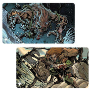 Playmat: MtG: DS Innistrad Remastered: Y - Double-sided fantasy playmat with werewolf and warrior illustrations, dark and earthy tones, smooth fabric surface.