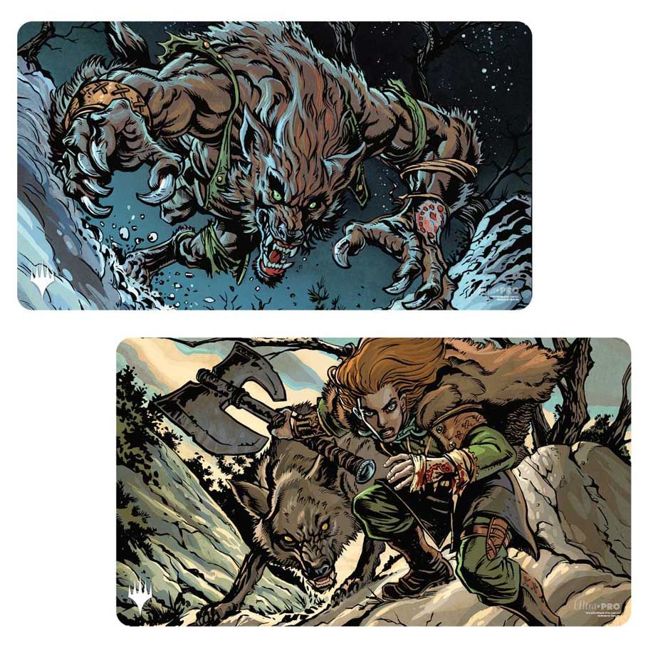 Playmat: MtG: DS Innistrad Remastered: Y - Double-sided fantasy playmat with werewolf and warrior illustrations, dark and earthy tones, smooth fabric surface.