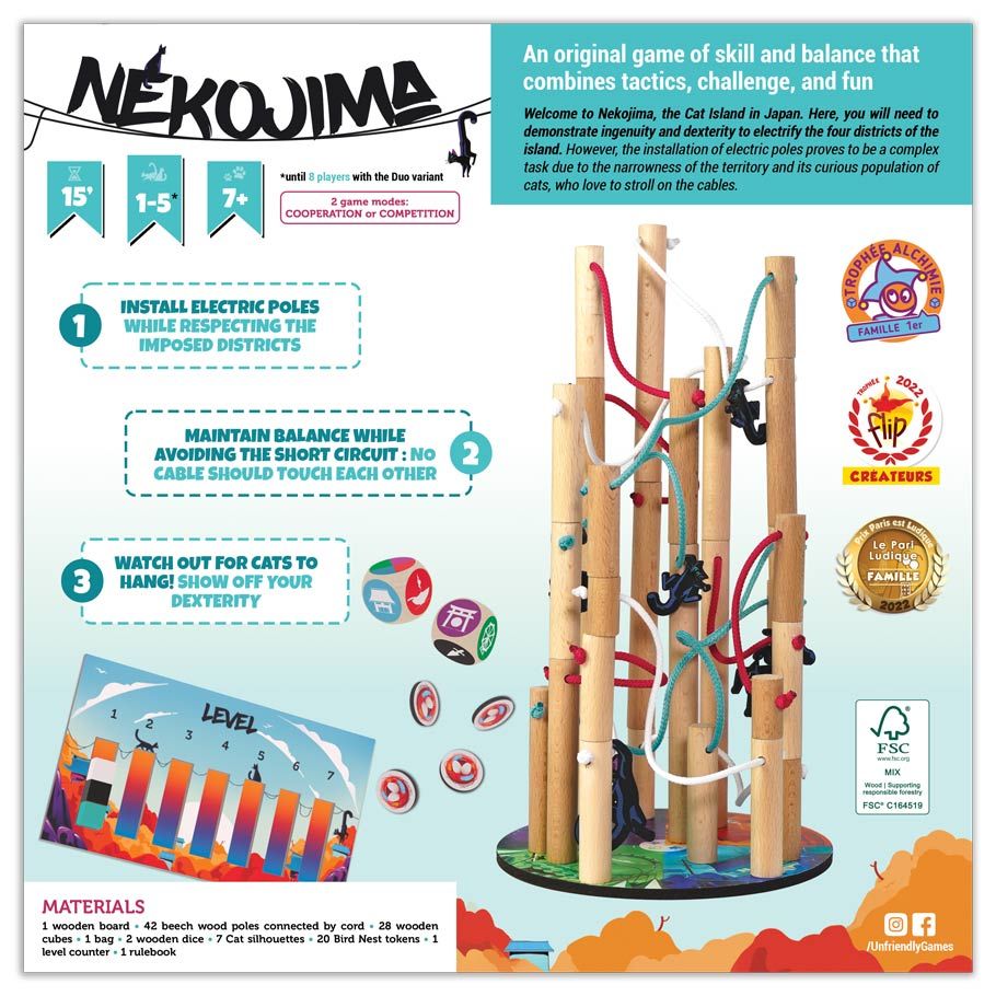 Nekojima - Nekojima dexterity game with colorful wooden cat figures climbing vertical poles connected by ropes on a wooden base with.