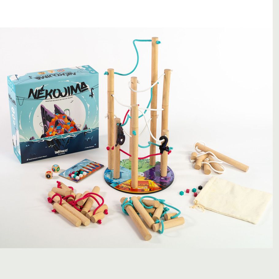 Nekojima - Wooden vertical game with colored beads and ropes, accompanied by wooden sticks, red and blue rope sets, and a colorful game