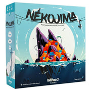 Nekojima - Nekojima game box featuring colorful mountain island with balancing cats, teal and white background, family game by.