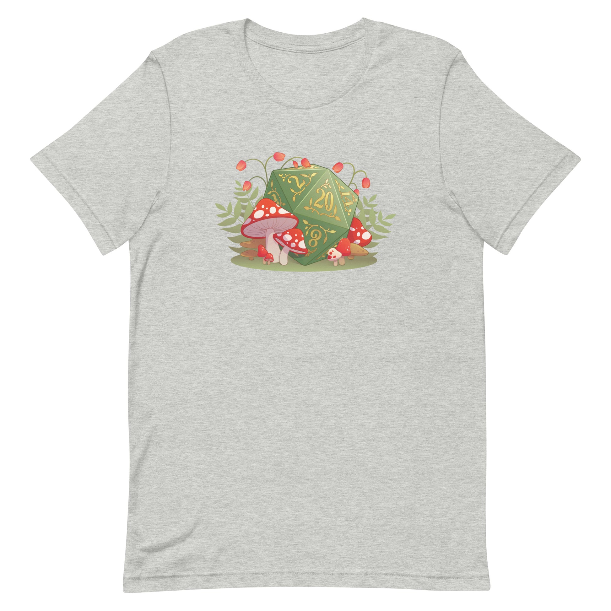 Forest Mushroom D20 DnD Shirt - Light gray short-sleeve t-shirt with a green D20 die featuring gold numbers surrounded by red and white mushrooms and forest