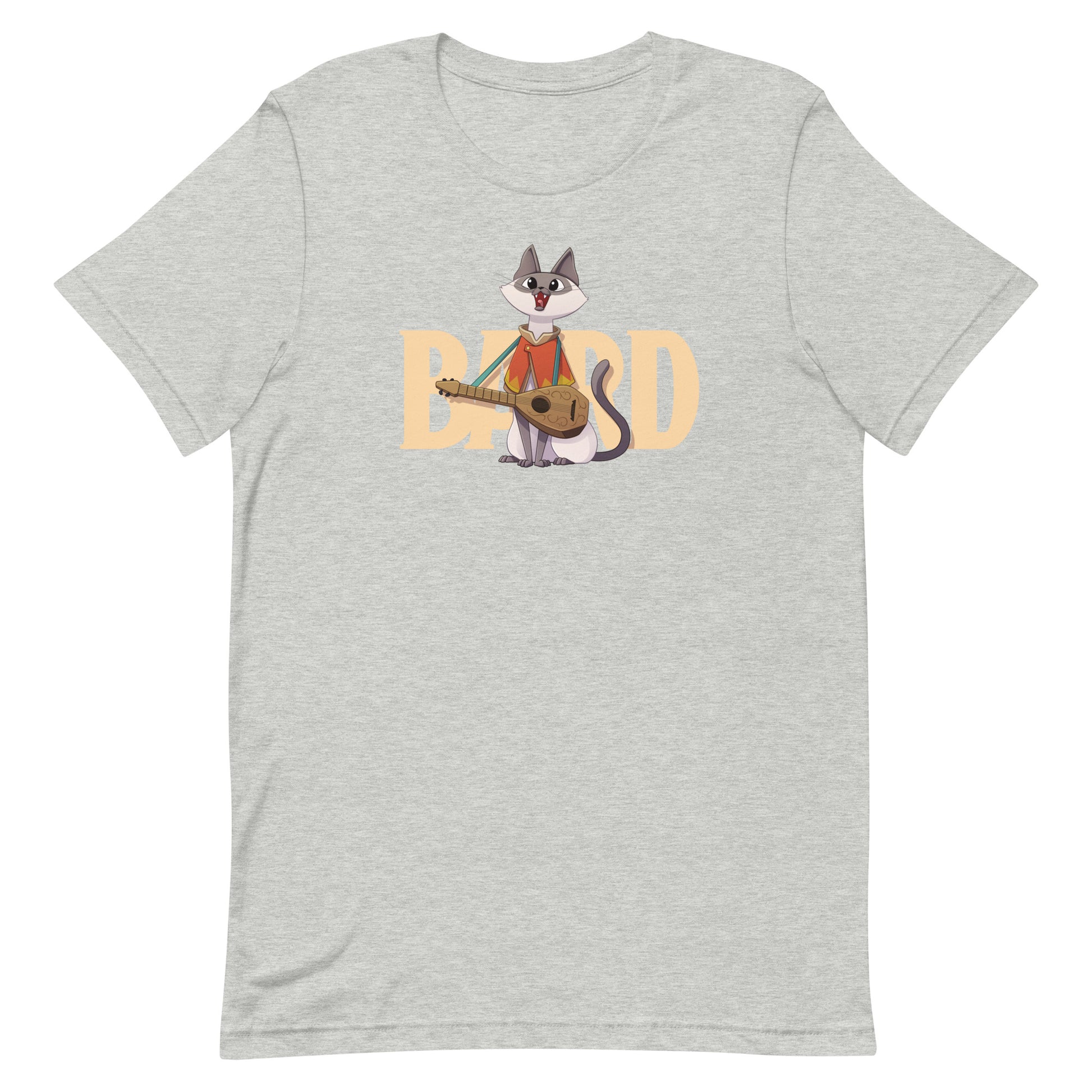 DnD Bard Class Cat Shirt - Light gray t-shirt with a cartoon cat wearing a bard outfit and playing a lute, orange "BARD" text behind.