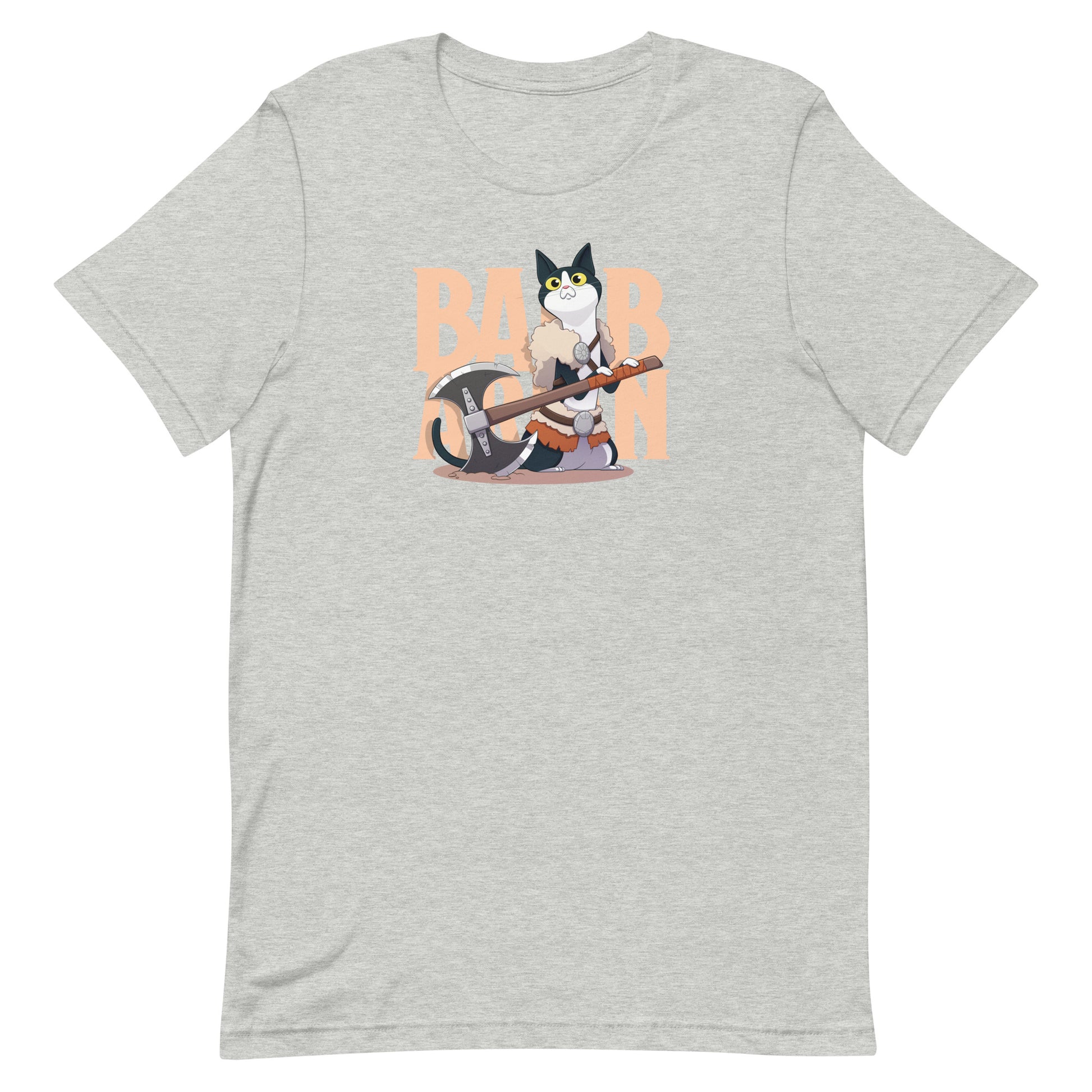 DnD Barbarian Class Cat Shirt - Light gray short-sleeve shirt with graphic of a black and white cat wielding a battle axe and the word "BARBARIAN" in bold.