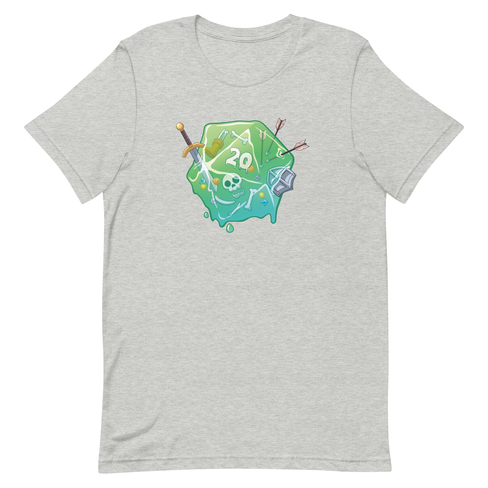 Gelatinous D20 DnD Shirt - Light gray short-sleeve shirt featuring a colorful green gelatinous d20 die with arrows and facial expression graphic on the