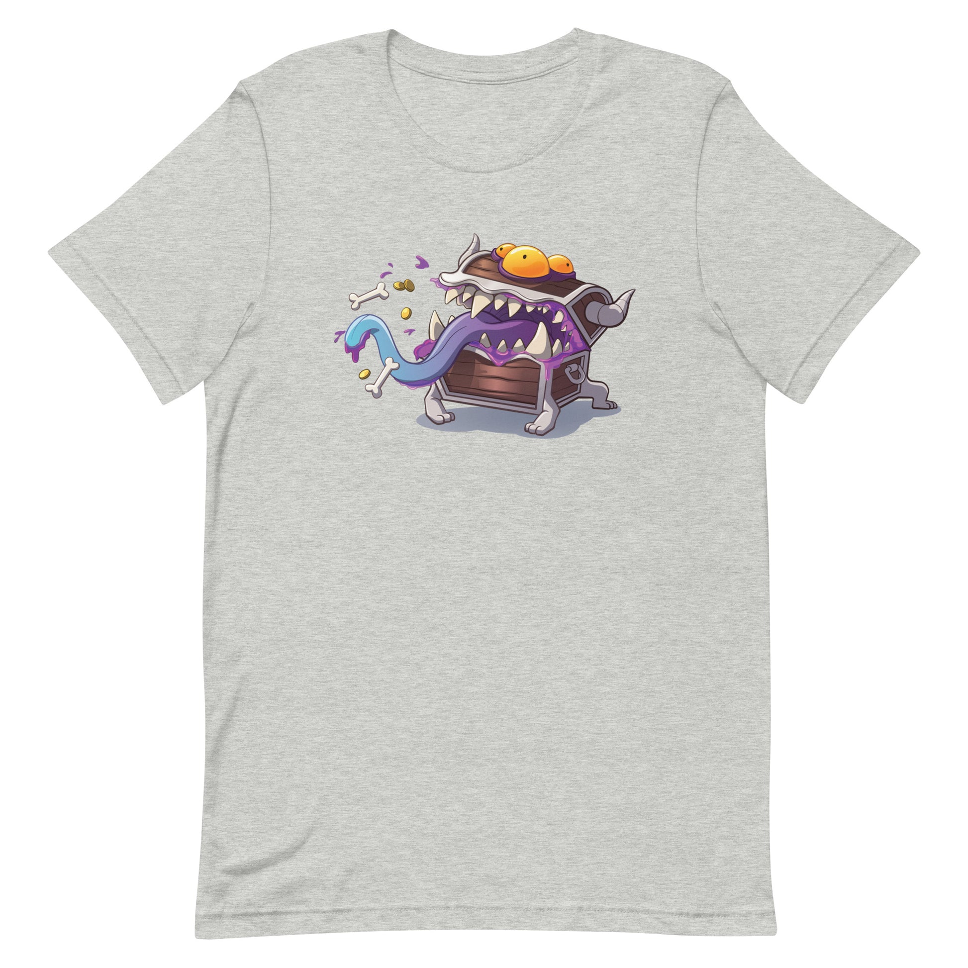 Mimic DnD Shirt - Light gray cotton T-shirt with colorful cartoon mimic chest design featuring large teeth, blue tongue, and treasure spilling