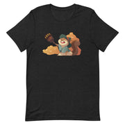 Squirrelmancer Shirt - Black Heather unisex crew neck t-shirt with a playful squirrel graphic holding an acorn and surrounded by leaves.