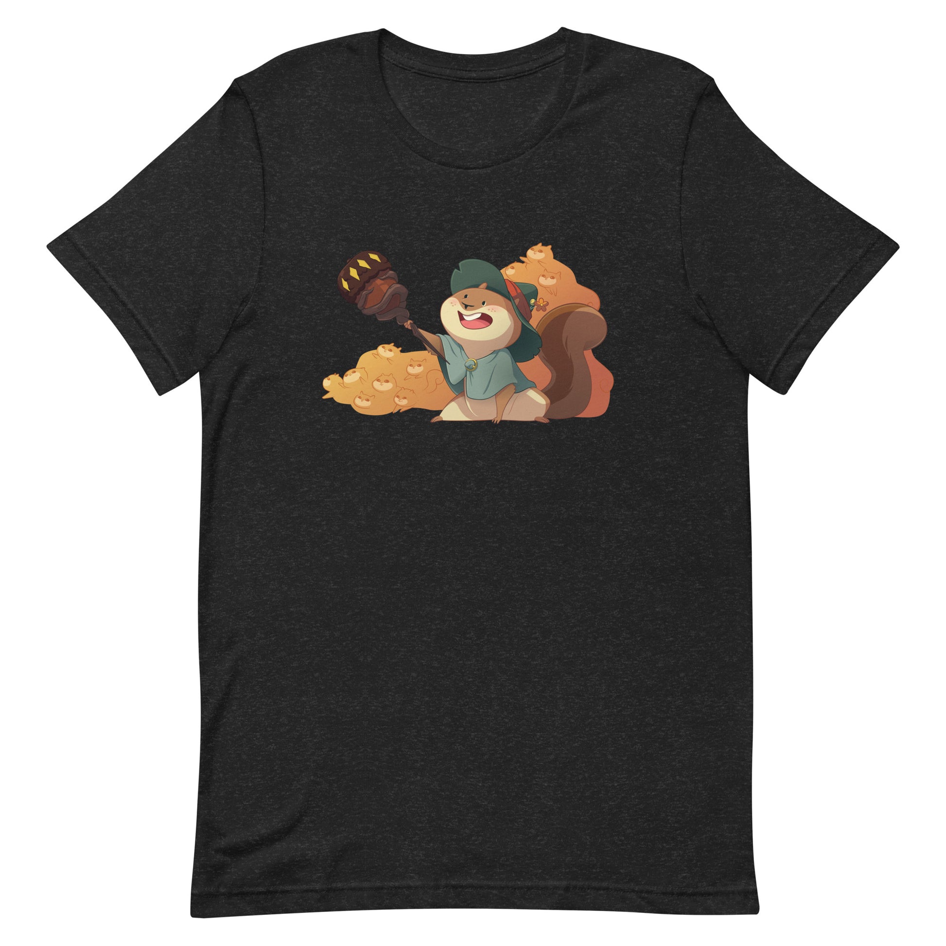 Squirrelmancer Shirt - Black Heather unisex crew neck t-shirt with a playful squirrel graphic holding an acorn and surrounded by leaves.