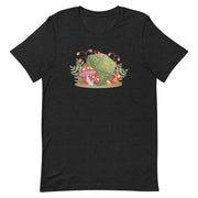 Forest Mushroom D20 DnD Shirt - Black short-sleeve shirt featuring a colorful forest scene with red and white mushrooms and a green 20-sided die at the.