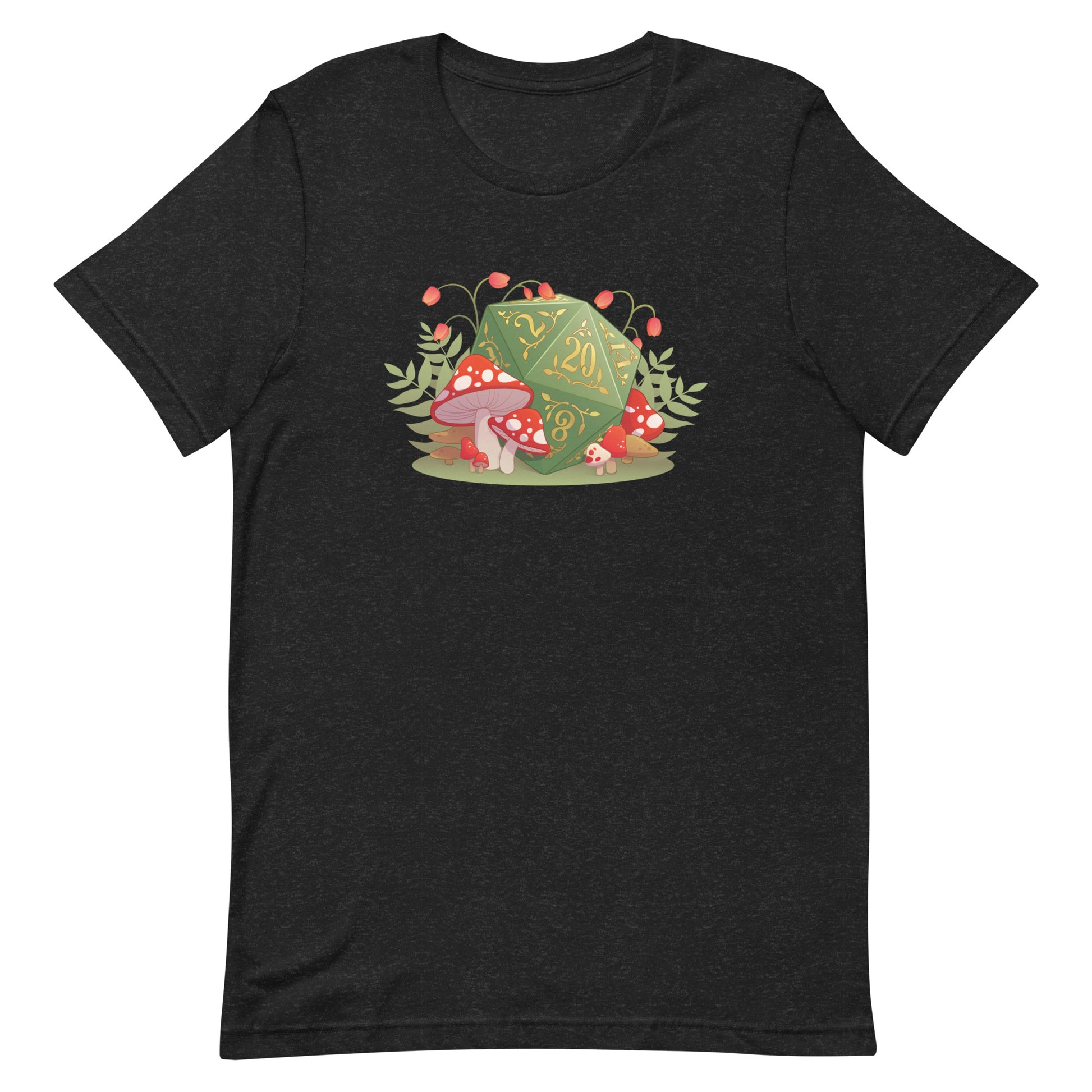 Forest Mushroom D20 DnD Shirt - Black short-sleeve shirt featuring a colorful forest scene with red and white mushrooms and a green 20-sided die at the.