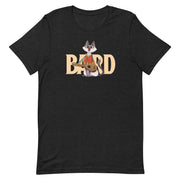 DnD Bard Class Cat Shirt - Black crewneck t-shirt featuring a cartoon cat dressed as a bard with a lute, with the word "BARD" in large tan letters.