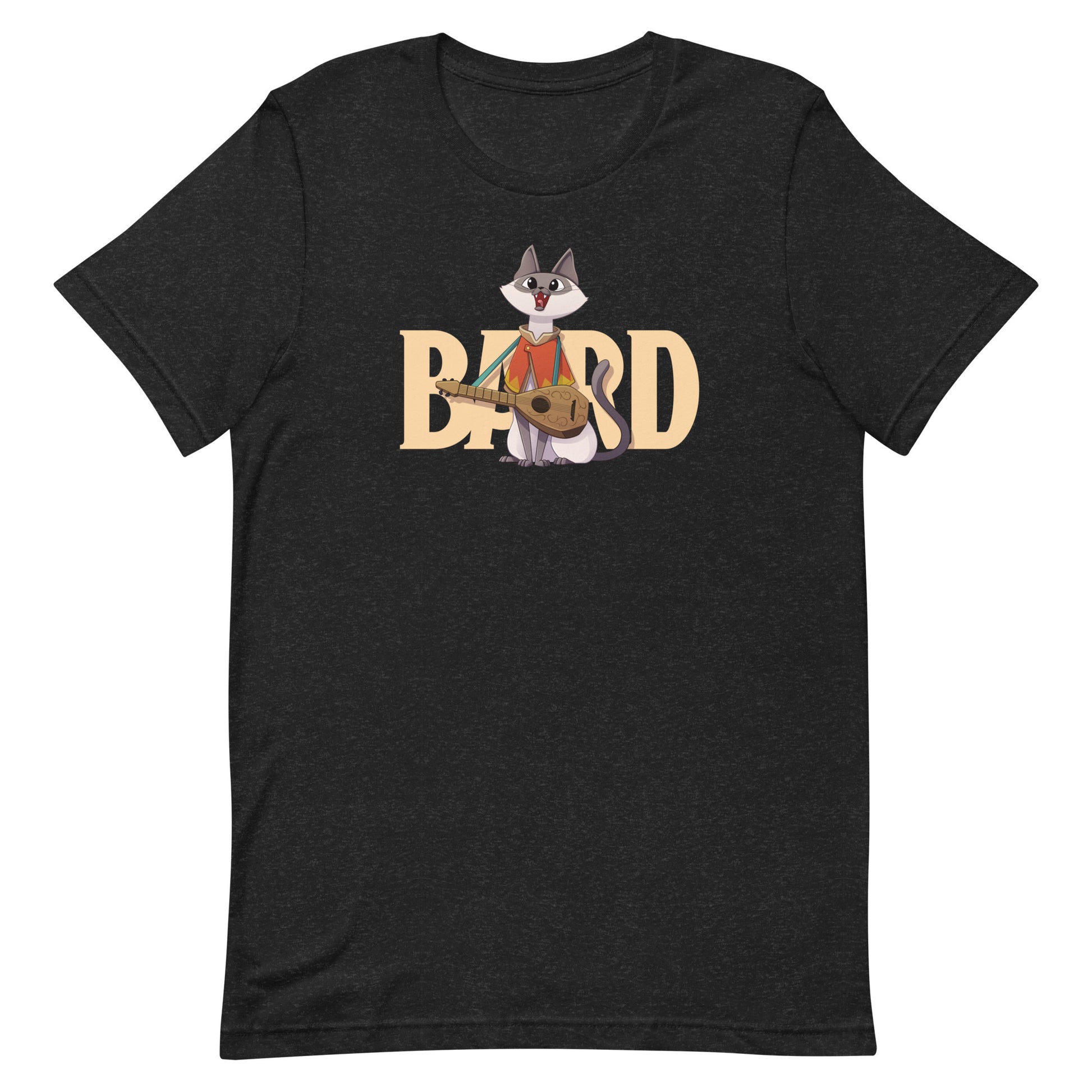 DnD Bard Class Cat Shirt - Black crewneck t-shirt featuring a cartoon cat dressed as a bard with a lute, with the word "BARD" in large tan letters.