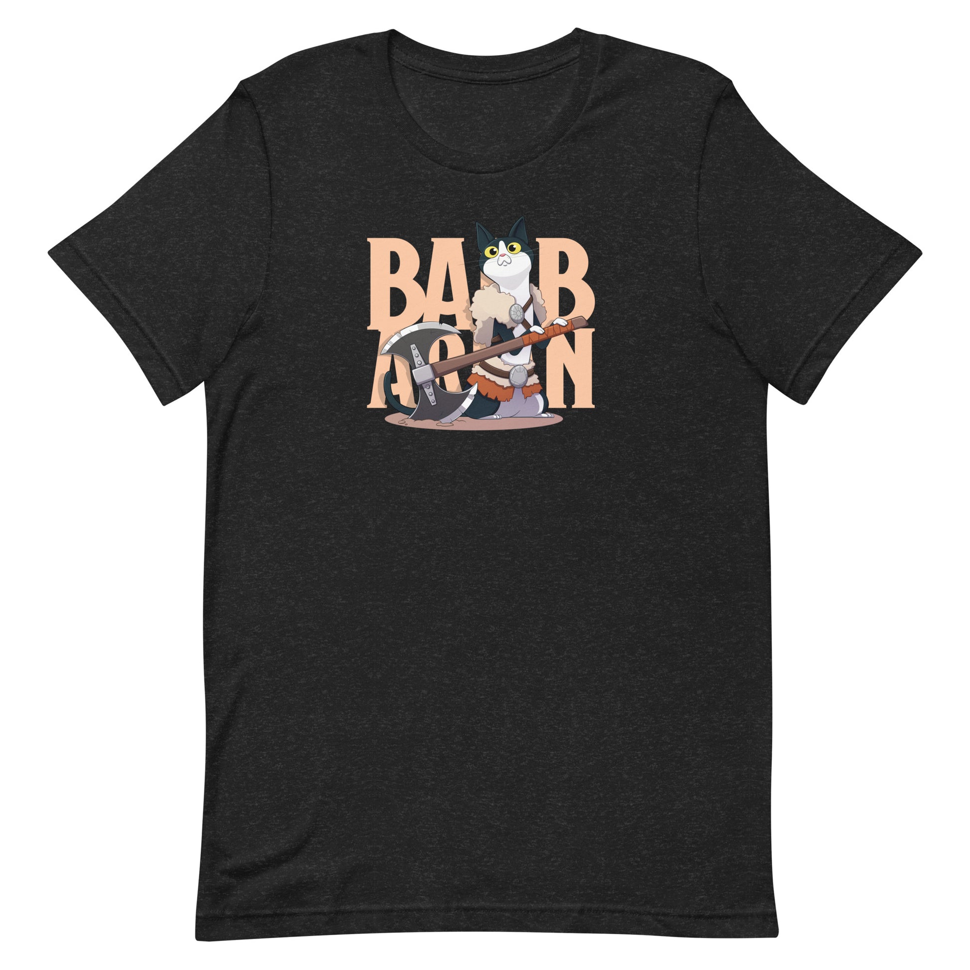 DnD Barbarian Class Cat Shirt - Black short-sleeve t-shirt with a colorful cartoon cat dressed as a barbarian holding an axe and large beige text reading.