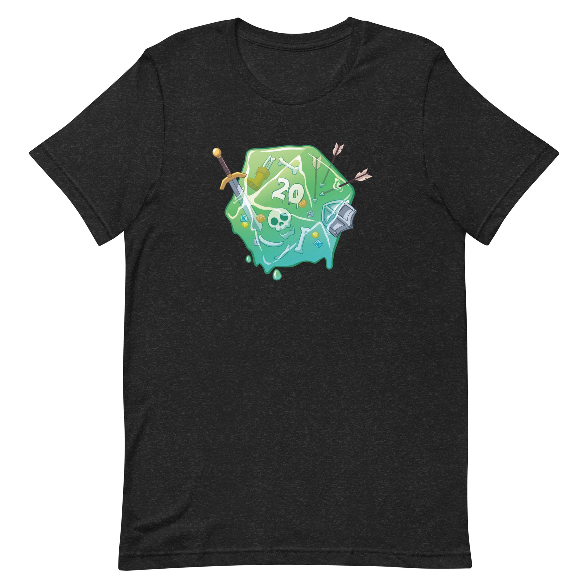 Gelatinous D20 DnD Shirt - Black t-shirt with a green gelatinous d20 die graphic featuring a cartoon face and slime details.