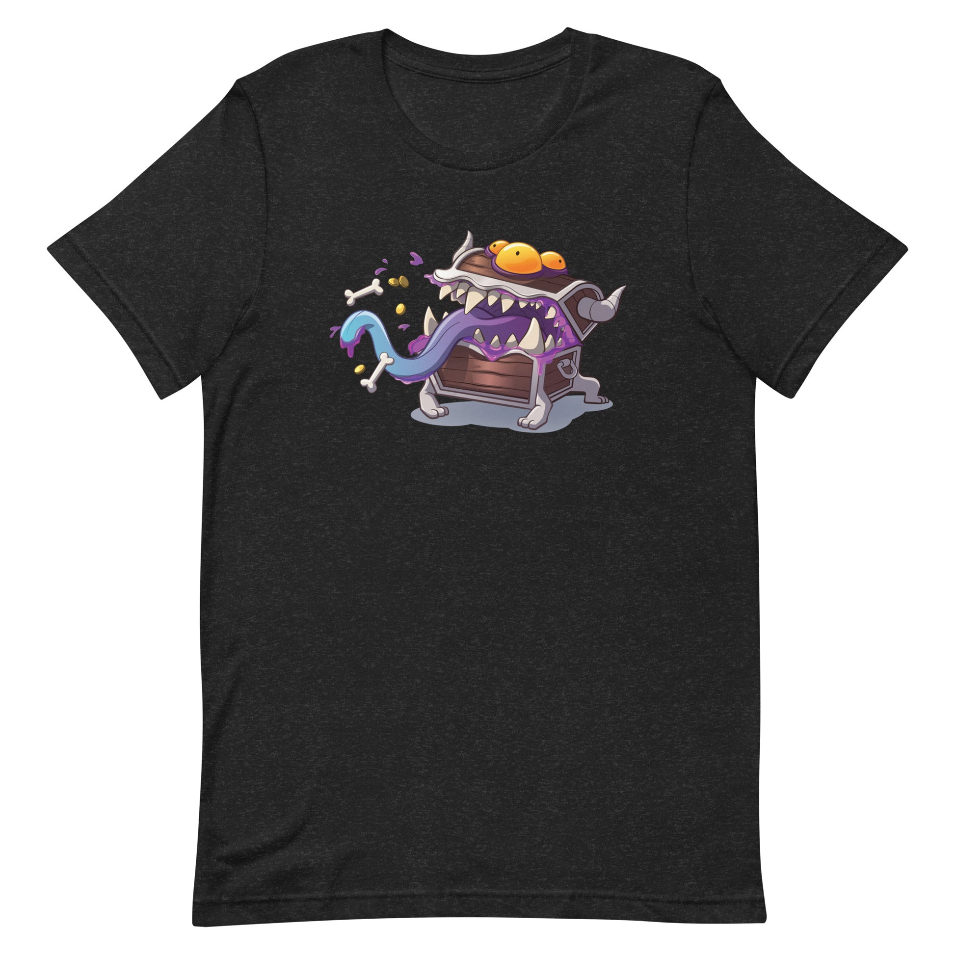 Mimic DnD Shirt - Black short-sleeve shirt featuring a colorful cartoon mimic chest with eyes, tongue, and a snail on top.