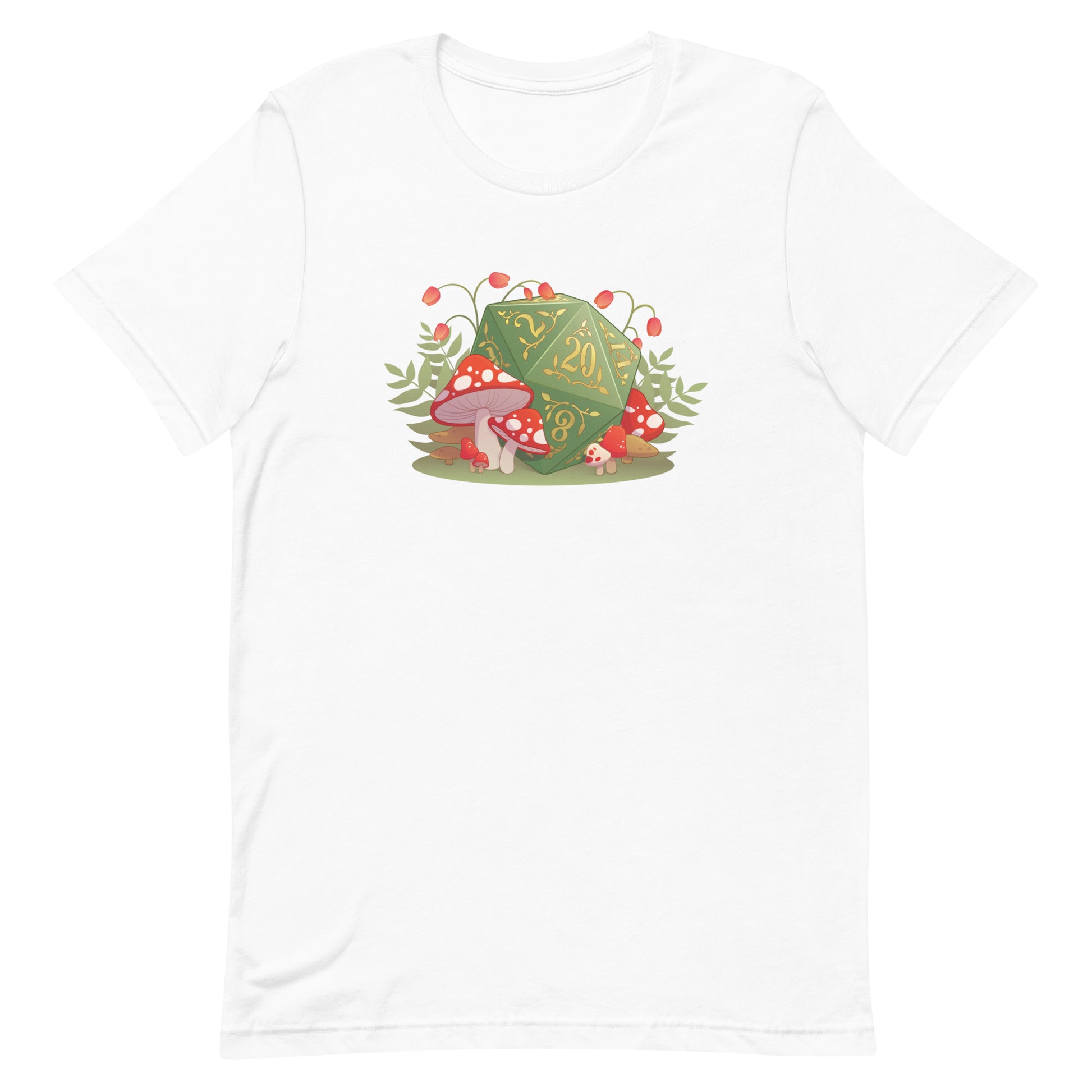 Forest Mushroom D20 DnD Shirt - White short-sleeve shirt featuring a green D20 dice surrounded by red and white mushrooms and green foliage on the front.