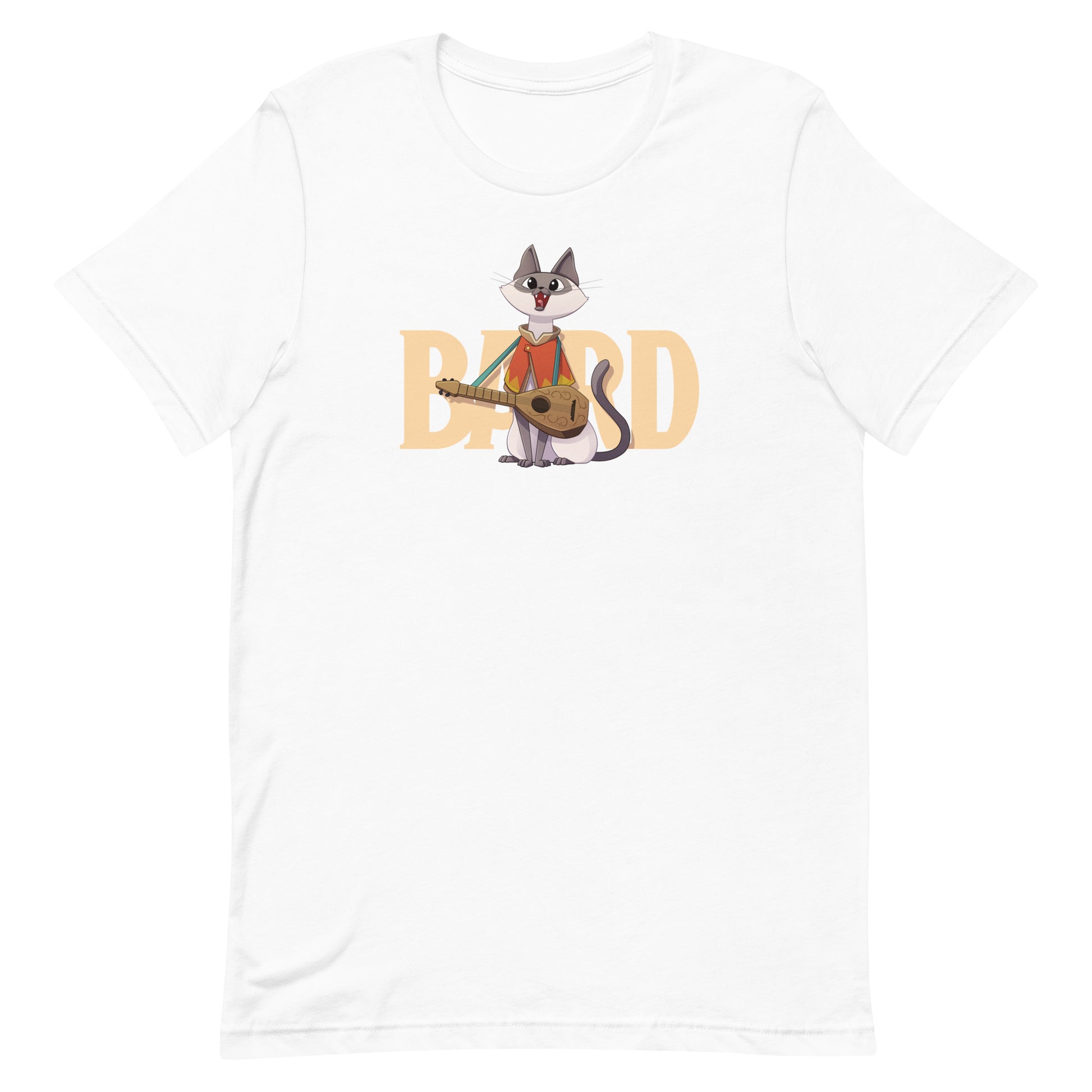 DnD Bard Class Cat Shirt - White cotton t-shirt with a cartoon cat playing a lute and the word "BARD" in large orange letters behind it.