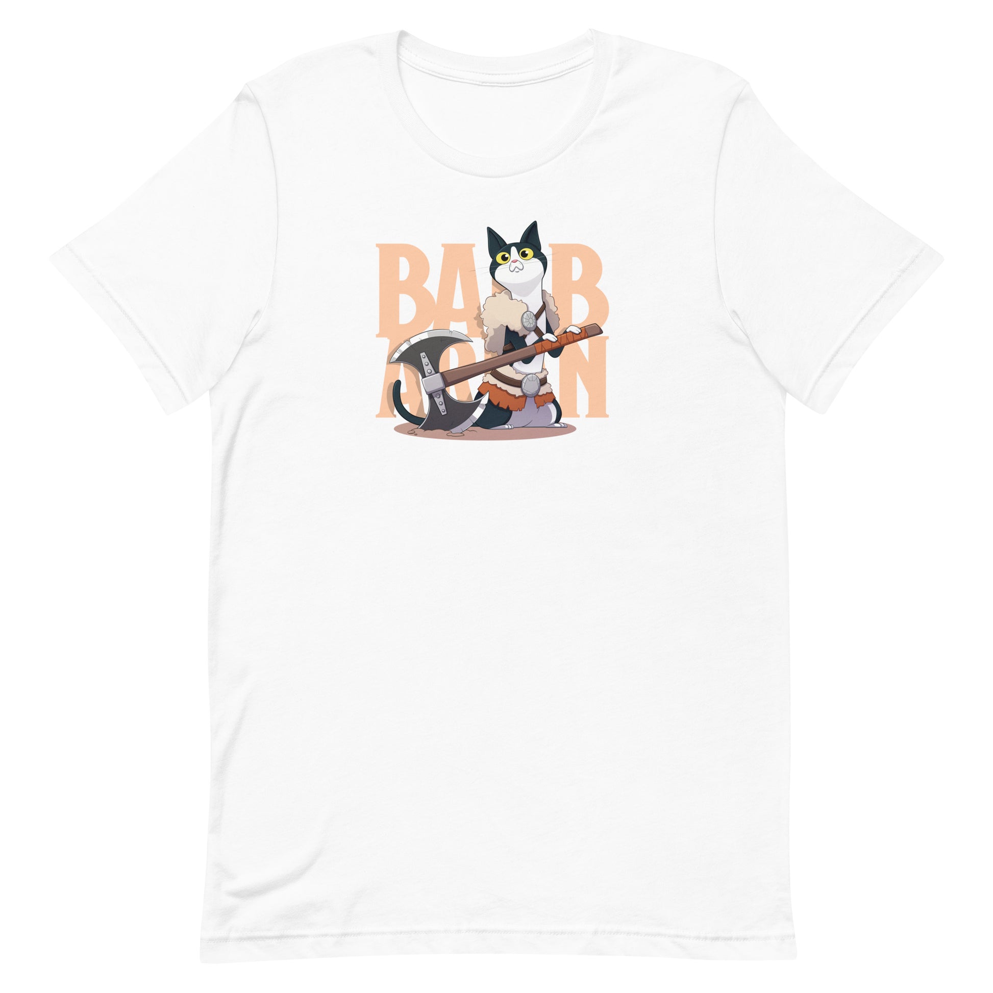 DnD Barbarian Class Cat Shirt - White cotton T-shirt featuring a cartoon cat wielding a large axe with "BARBARIAN" text in orange behind it.