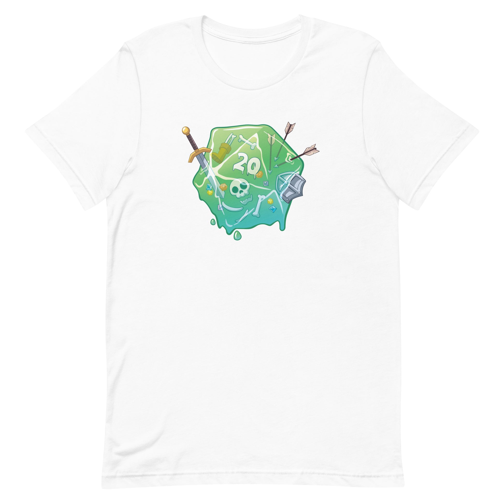 Gelatinous D20 DnD Shirt - White short-sleeve t-shirt with a green gelatinous 20-sided die graphic featuring trapped swords and arrows.