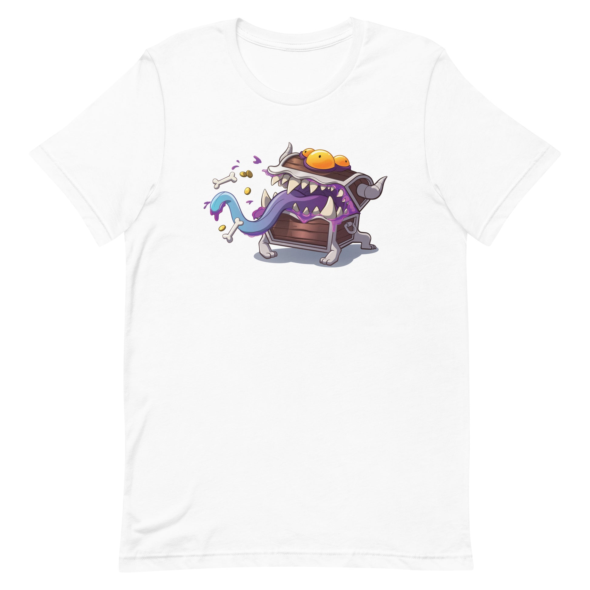 Mimic DnD Shirt - White crew neck t-shirt with colorful cartoon mimic chest character featuring a wide open mouth, sharp teeth, and tongue.