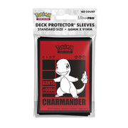 Ultra Pro Pokémon Deck Protector Sleeves 65ct - Charmander - 65 count Ultra Pro standard size card sleeves with red Charmander design, featuring black text and silhouette.