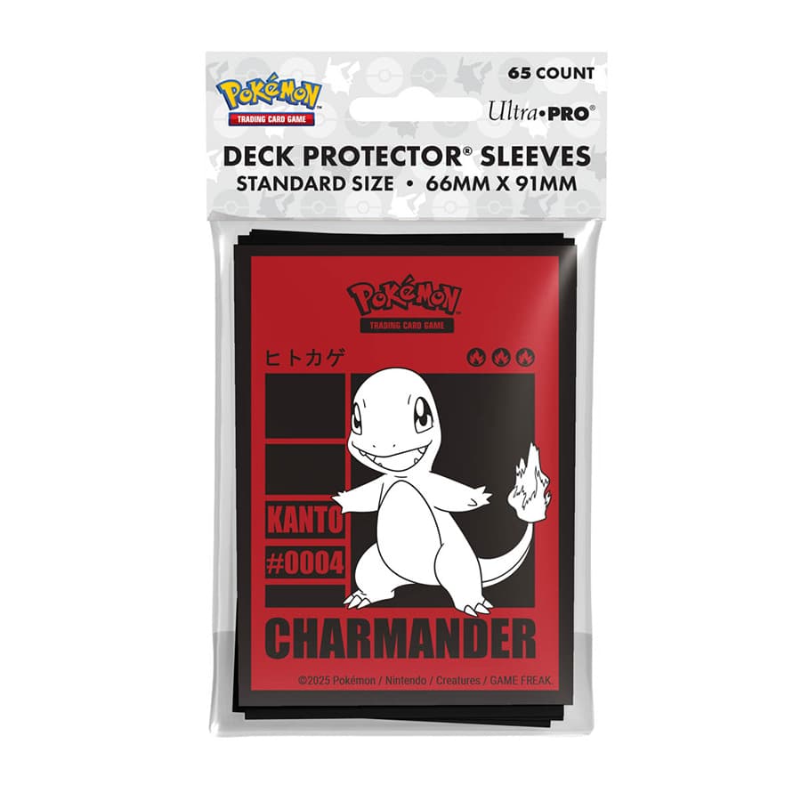 Ultra Pro Pokémon Deck Protector Sleeves 65ct - Charmander - 65 count Ultra Pro standard size card sleeves with red Charmander design, featuring black text and silhouette.