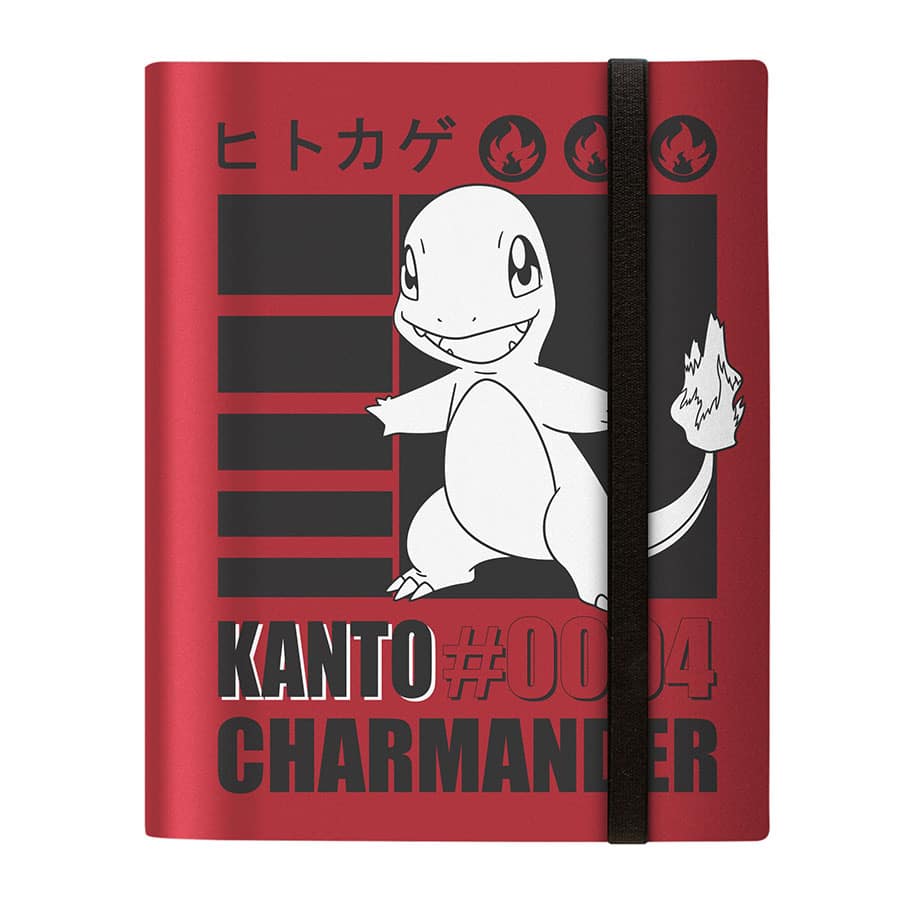 Ultra Pro Pokémon 9-Pocket Pro-Binder - Charmander - Red Ultra Pro 9-pocket card binder featuring black accents and white Charmander graphic with Japanese text and fire icons.