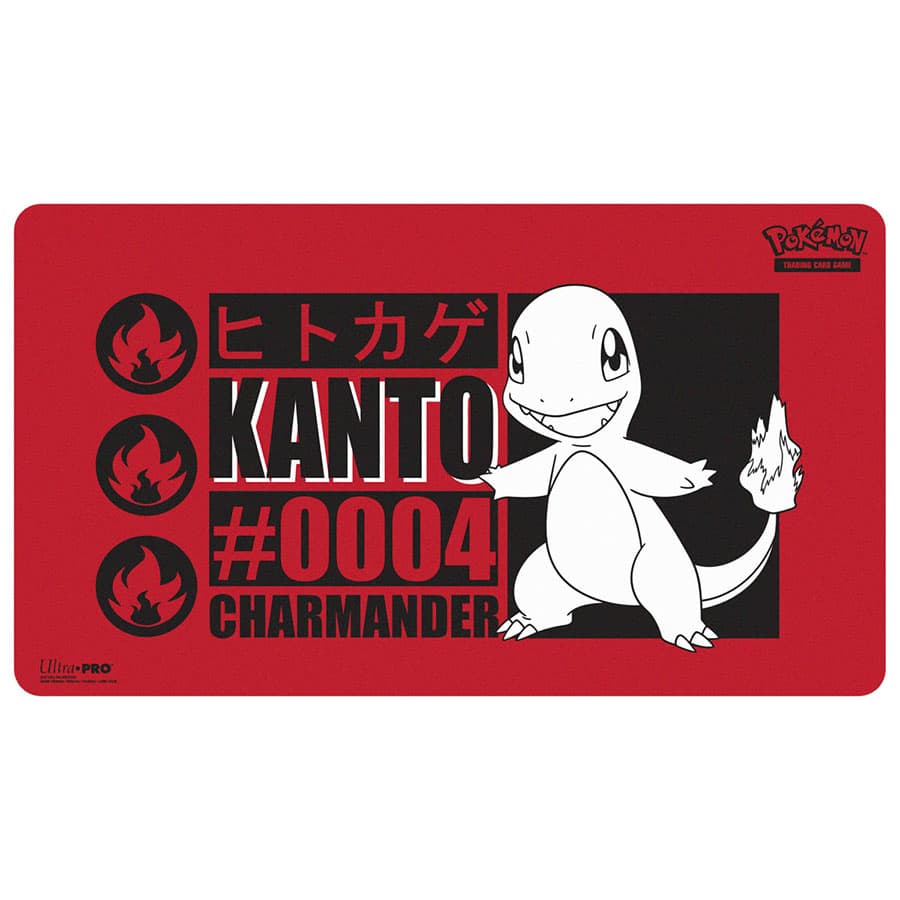 Ultra Pro Pokémon Playmat - Charmander - Red rectangular playmat featuring white Charmander illustration, black text with Japanese characters, and fire-type icons.