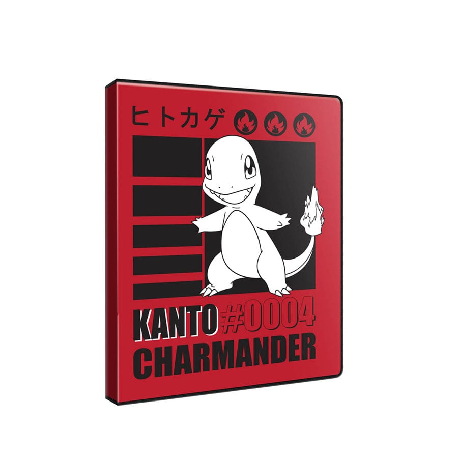 Ultra Pro Pokémon 4-Pocket Portfolio - Charmander - Red card binder featuring black stripes, white Charmander graphic, and bold black text with Pokédex number and name.