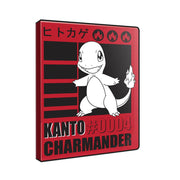 Ultra Pro Pokémon 9-Pocket Portfolio - Charmander - Red and black card binder featuring white Charmander illustration, fire icons, and bold "Kanto #004 Charmander" text.