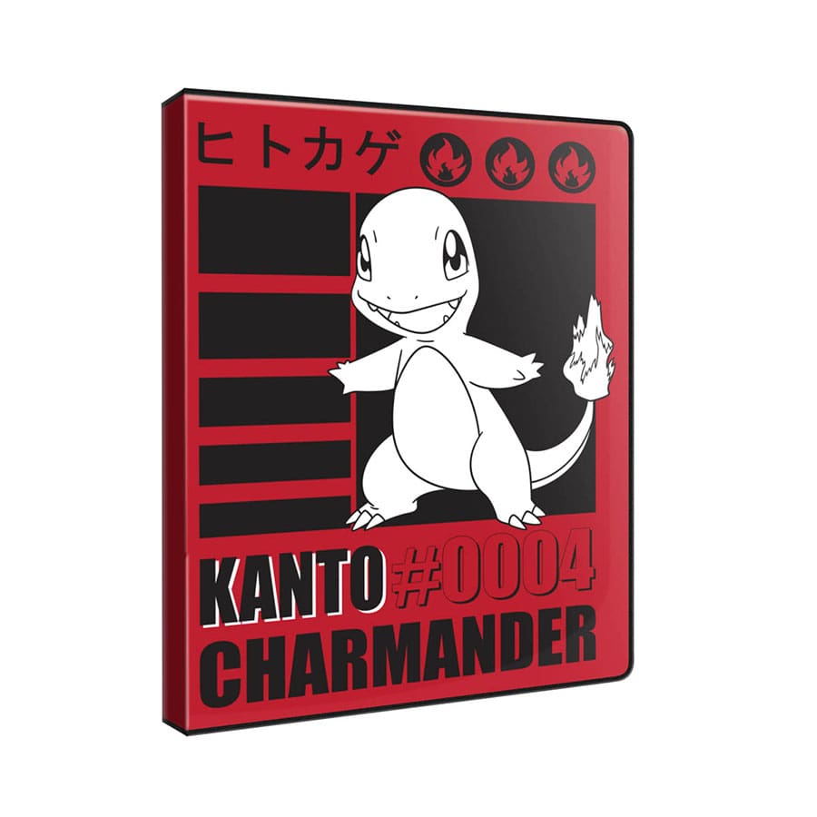 Ultra Pro Pokémon 9-Pocket Portfolio - Charmander - Red and black card binder featuring white Charmander illustration, fire icons, and bold "Kanto #004 Charmander" text.