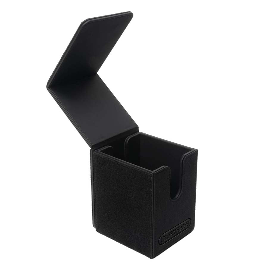 Ultra Pro Alcove Flip: Patchcraft - Black - Black rectangular deck box with flip-top lid and textured surface, designed for card storage.