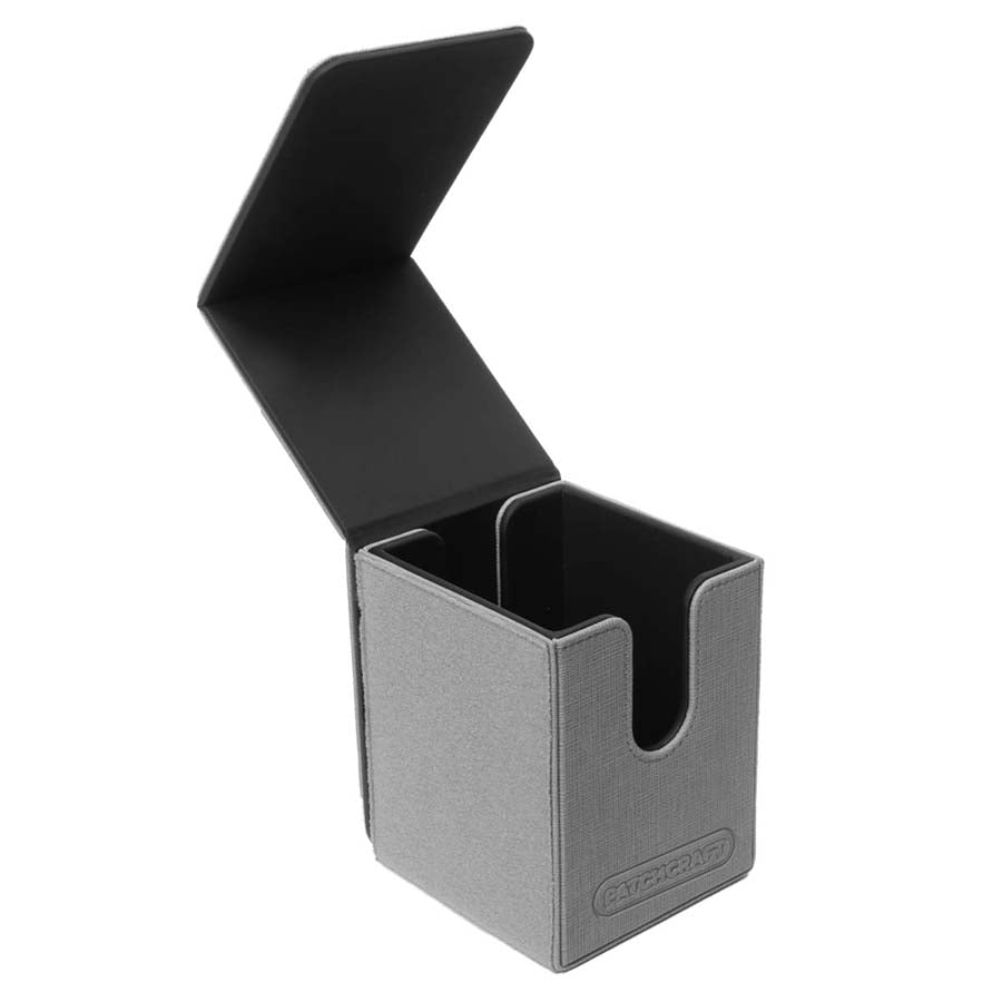 Ultra Pro Alcove Flip: Patchcraft - Gray - Gray rectangular deck box with a flip-top lid and an open front notch for easy access.