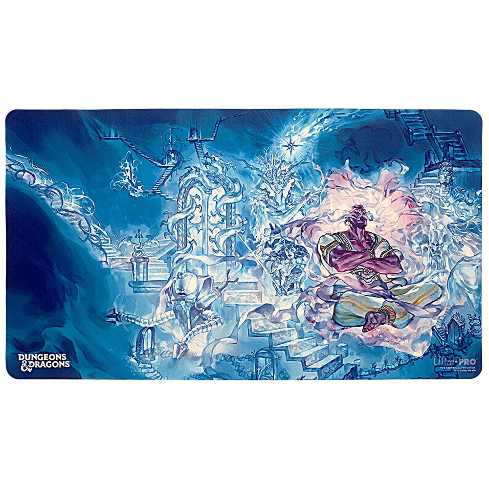 Playmat: D&D: Quests from the Infinite Staircase - Blue and purple D&D playmat featuring an infinite staircase design with mystical, smoky effects and a robed figure in the.