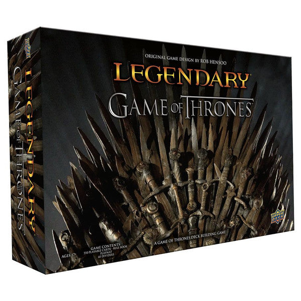 Legendary: Game of Thrones - Board game box featuring the iron throne made of swords with a dark, dramatic background and gold-accented title text.