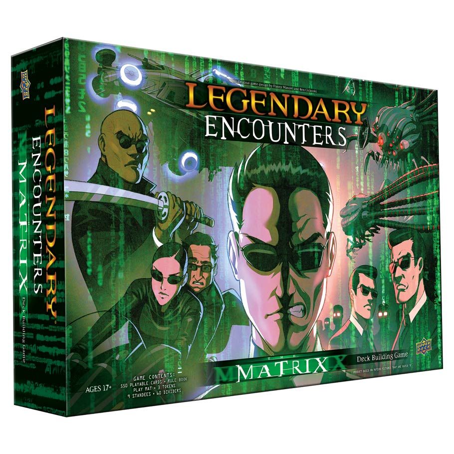 Legendary: Encounters: Matrix - Legendary Encounters Matrix card game box featuring green digital code background and illustrated characters from the Matrix