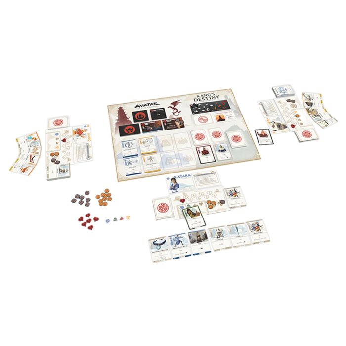 Avatar: The Last Airbender: Aang's Destiny - Board game setup featuring colorful character cards, tokens, and a central playmat with illustrated sections and icons.