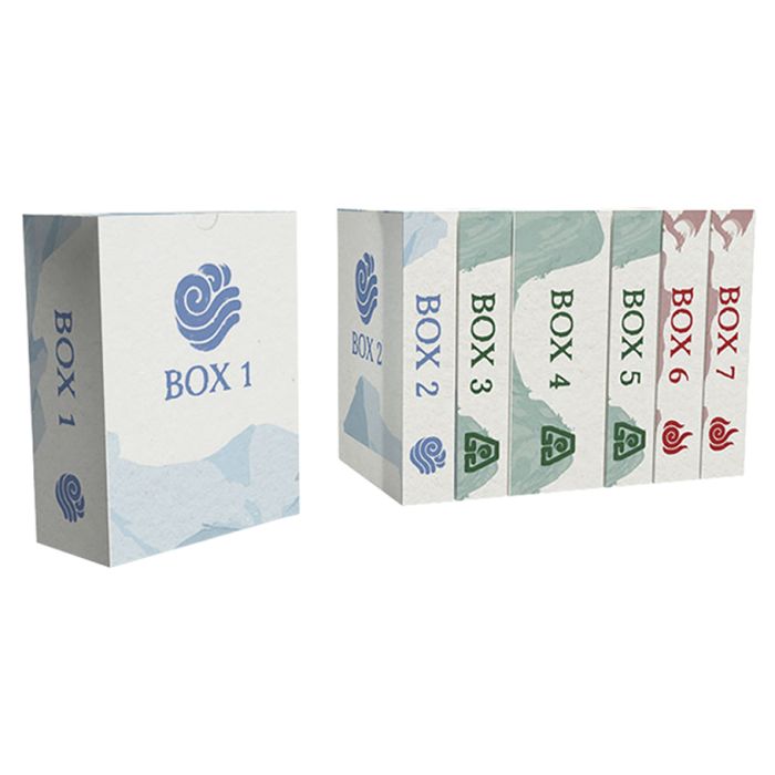 Avatar: The Last Airbender: Aang's Destiny - Set of six rectangular game boxes labeled Box 1 to Box 6, each with distinct elemental icons and muted colors on white.