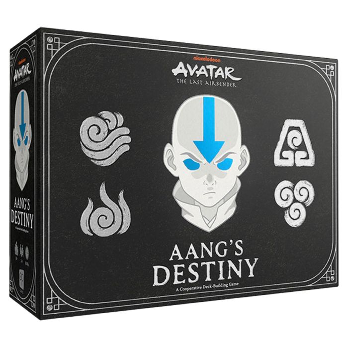 Avatar: The Last Airbender: Aang's Destiny - Black rectangular box featuring a stylized bald character with a blue arrow on his forehead and four elemental symbols.