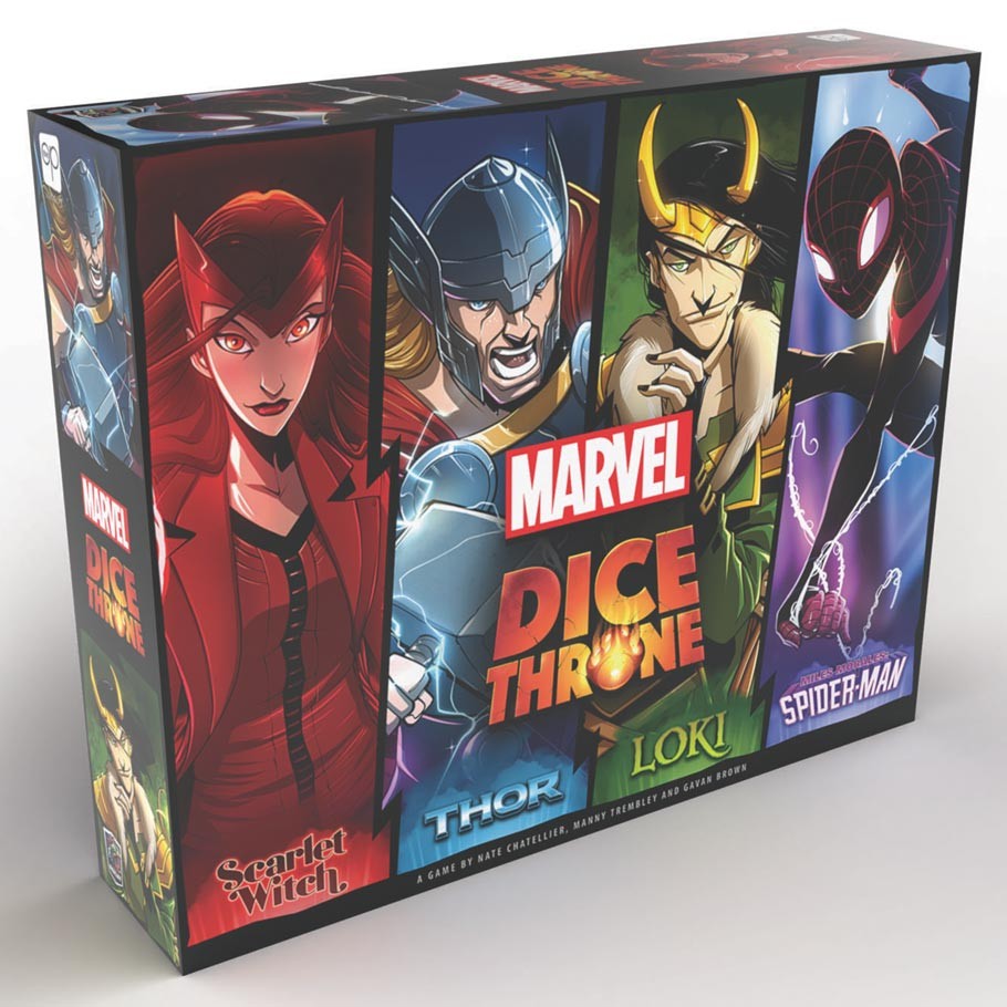 Dice Throne: Marvel: 4-Hero Box - Marvel Dice Throne board game box featuring Scarlet Witch, Thor, Loki, and Spider-Man characters on the cover.