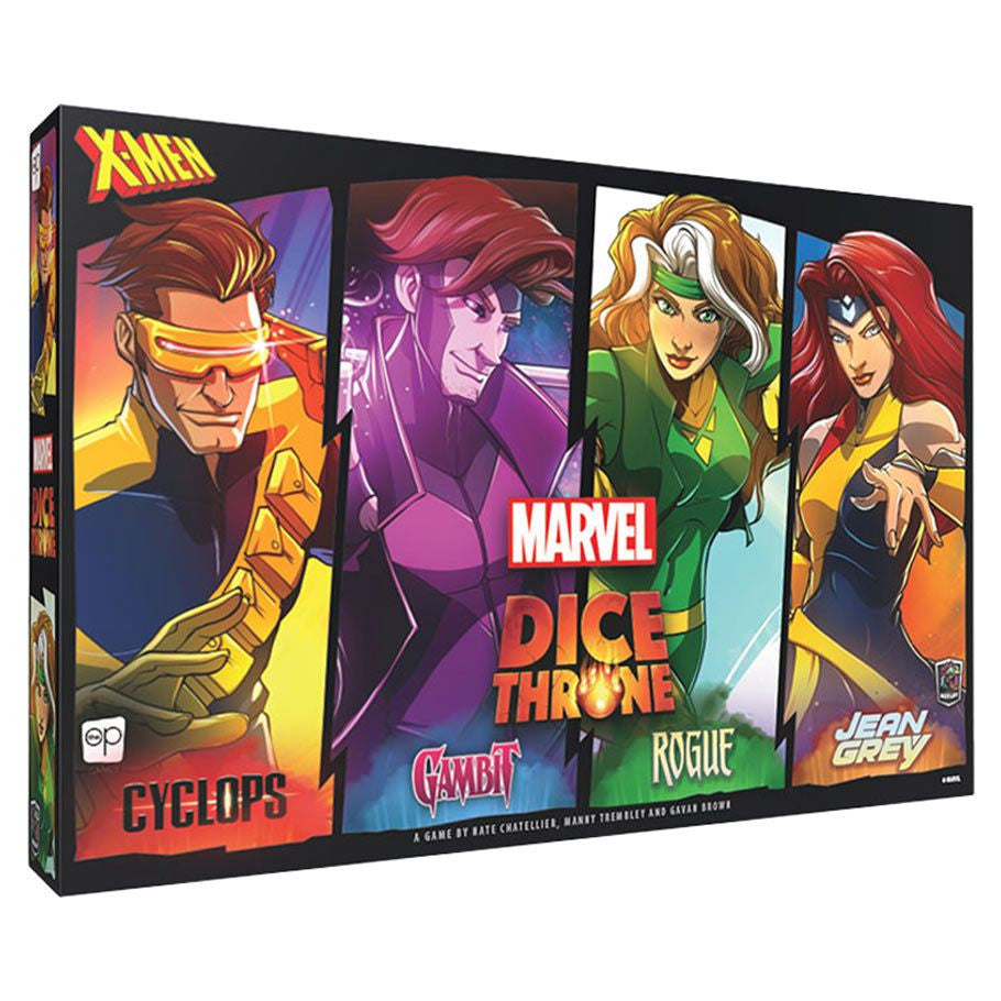 Dice Throne: Marvel: X-Men Box 2 - Marvel Dice Throne game box featuring vibrant illustrations of Cyclops, Gambit, Rogue, and Jean Grey on a black background.