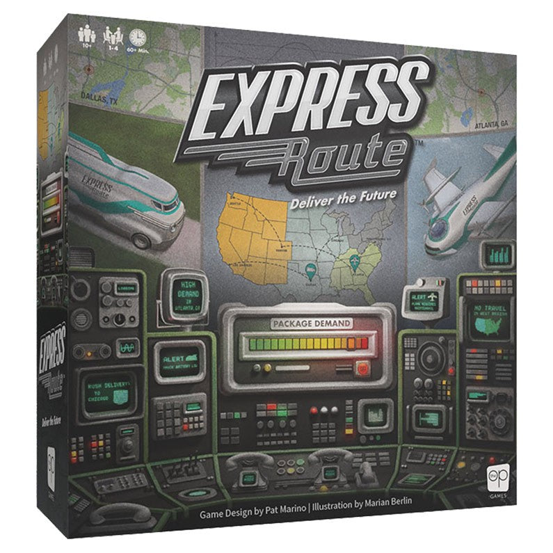 Express Route - Express Route board game box featuring a futuristic control panel design with digital meters and a map of the United States.