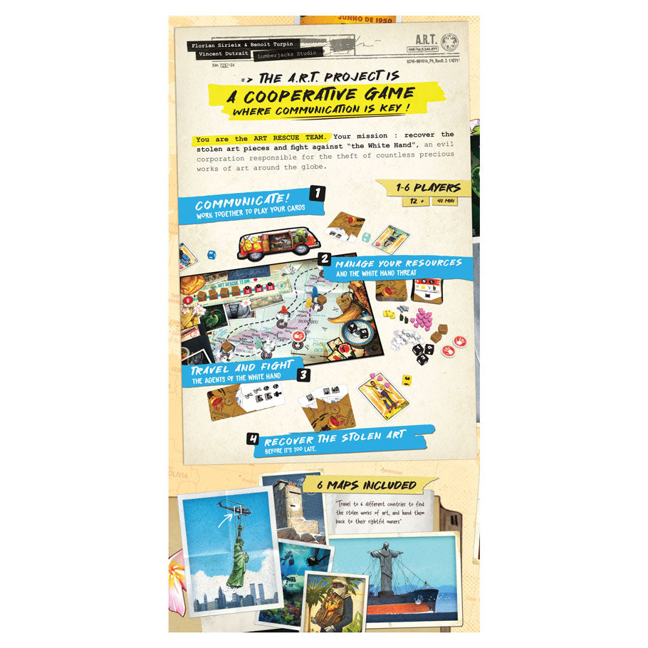 The A.R.T. Project - Board game box with colorful art-themed illustrations, cards, dice, and tokens on a cream background.