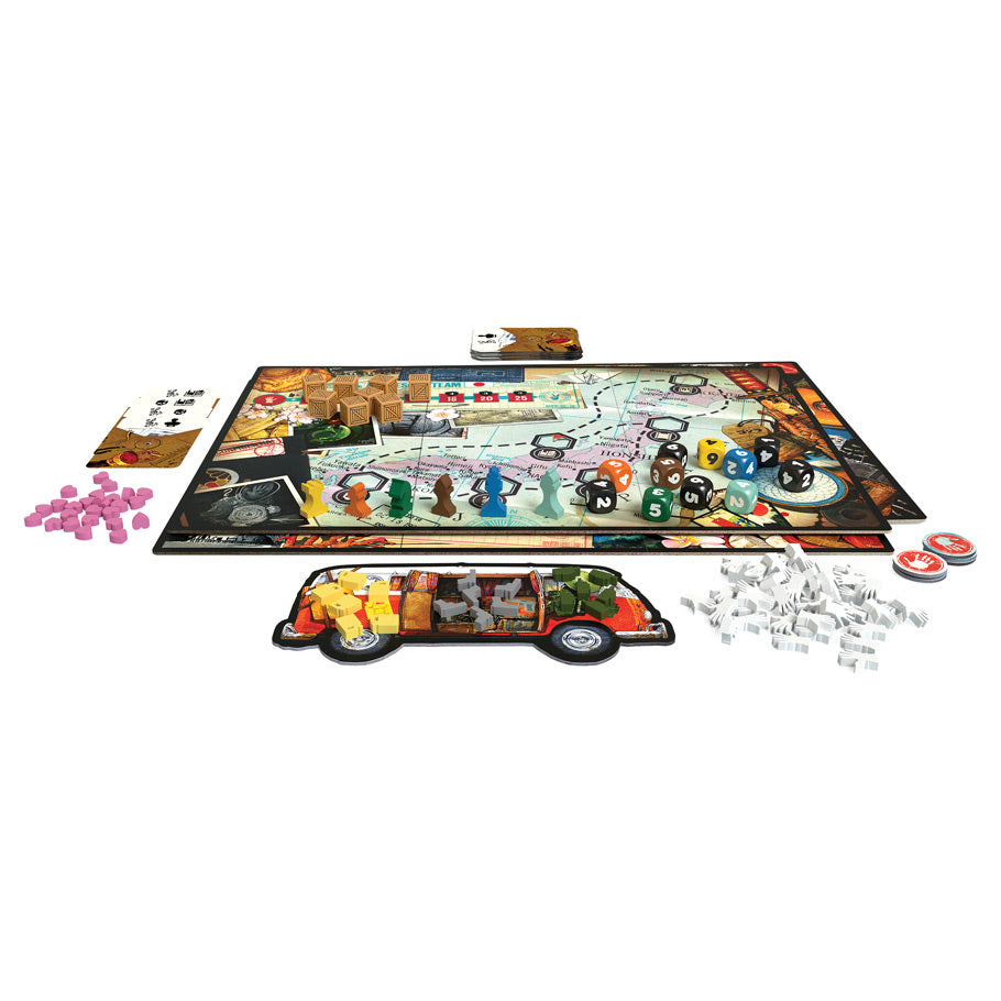 The A.R.T. Project - Colorful board game with illustrated city map, multiple small plastic player pieces, cards, tokens, and a truck-shaped game.